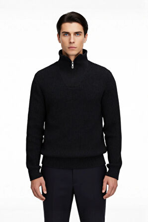 Erkek Casual Giyim İçin İdeal Regular Fit Düz Desen Fermuarlı Balıkçı Yaka Kalın Triko Kazak