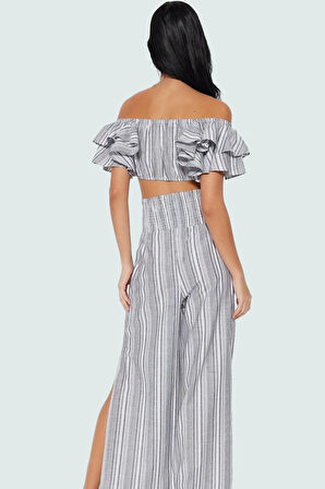 Çizgili Pamuklu Bluz Pantolon Takım Plaj ve Günlük Stil Konforlu Kesim Rahat Şık