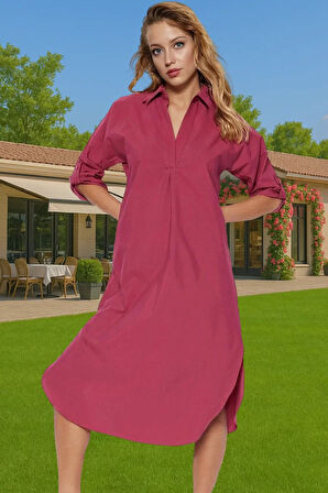 Yazlık Kadın Midi Elbise Pamuklu Poplin Dokuma Şık Plaj Mükemmel Uyum Şık Görünüm Seçkin Malzeme