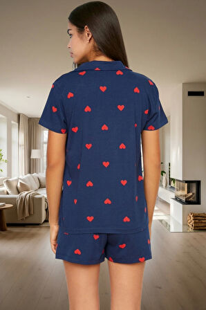 Rahat ve Şık Pamuklu Pijama Takımı Kalpli Desen 2 Parça Yaz Mevsimi Kullanım