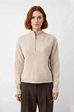 Kadın Oversize Rahat Kesim Düşük Kol Fermuarlı Dik Yaka Triko Selanik Örgü Uzun Kollu Kazak