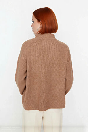 Kadın Oversize Rahat Kesim Düşük Kol Fermuarlı Dik Yaka Triko Selanik Örgü Uzun Kollu Kazak