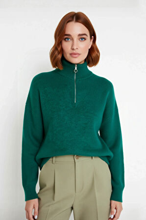 Kadın Oversize Rahat Kesim Düşük Kol Fermuarlı Dik Yaka Triko Selanik Örgü Uzun Kollu Kazak