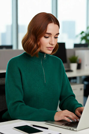 Kadın Oversize Rahat Kesim Düşük Kol Fermuarlı Dik Yaka Triko Selanik Örgü Uzun Kollu Kazak