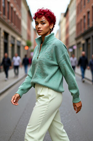 Kadın Oversize Rahat Kesim Düşük Kol Fermuarlı Dik Yaka Triko Selanik Örgü Uzun Kollu Kazak