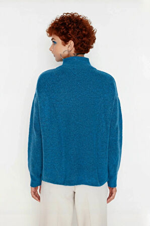 Kadın Oversize Rahat Kesim Düşük Kol Fermuarlı Dik Yaka Triko Selanik Örgü Uzun Kollu Kazak