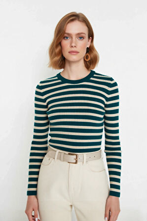 Kadın Casual Çizgili Bisiklet Yaka Fitted Akrilik Uzun Kol Triko Basic Günlük Kazak Kaliteli