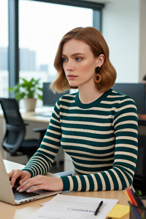 Kadın Casual Çizgili Bisiklet Yaka Fitted Akrilik Uzun Kol Triko Basic Günlük Kazak Kaliteli