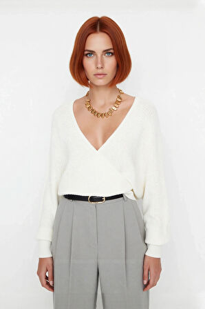 Kadın Casual V Yaka Kruvaze Triko Kazak Regular Kalıp Tek Plaka Dokuma Rahat Kışlık Seçim Kaliteli