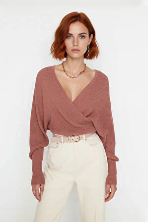 Kadın Casual V Yaka Kruvaze Triko Kazak Regular Kalıp Tek Plaka Dokuma Rahat Kışlık Seçim Kaliteli