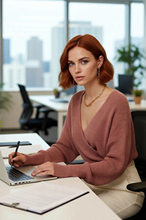 Kadın Casual V Yaka Kruvaze Triko Kazak Regular Kalıp Tek Plaka Dokuma Rahat Kışlık Seçim Kaliteli