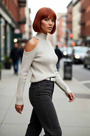 Kadınlara Özel Simli Selanik Dokuma Dik Yaka Omuz Dekolteli Triko Kazak Kış Kombinleri İçin