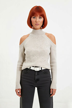 Kadınlara Özel Simli Selanik Dokuma Dik Yaka Omuz Dekolteli Triko Kazak Kış Kombinleri İçin