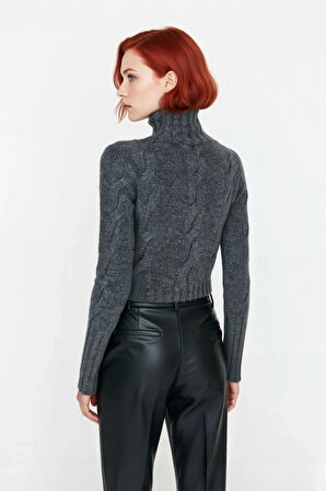 Kadın Casual Regular Kalıp Dik Yaka Saç Örgü Uzun Kollu Süper Crop Triko Kazak Modeli Kaliteli