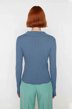 Kadınlar İçin Uzun Kollu Regular Fitilli Triko Kazak Polo Yaka Detaylı Kışlık Şık Görünüm Kaliteli