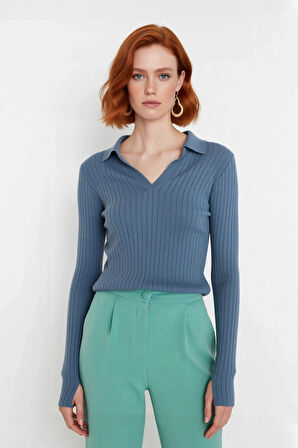 Kadınlar İçin Uzun Kollu Regular Fitilli Triko Kazak Polo Yaka Detaylı Kışlık Şık Görünüm Kaliteli