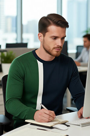 Erkekler İçin Casual Günlük Giyim Bisiklet Yaka Renk Bloklu Fitted Kalıp Uzun Kollu Kazak Kaliteli