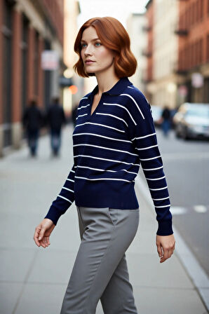 Kadın Günlük Şıklık İçin Lacivert Çizgili Polo Yaka Akrilik Triko Kazak Uzun Düşük Kol Rahat
