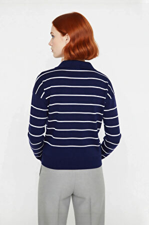 Kadın Günlük Şıklık İçin Lacivert Çizgili Polo Yaka Akrilik Triko Kazak Uzun Düşük Kol Rahat