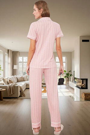 Çizgili Homewear Pijama Takımı Pamuk ve Polyester Karışımı Yüksek Kalite Mükemmel Uyum