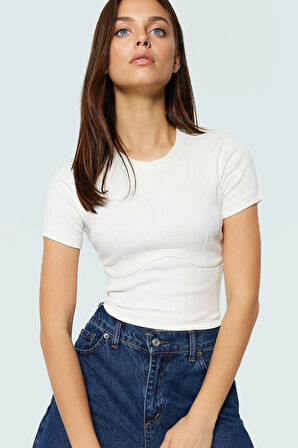 Örme Crop Bluz Bisiklet Yaka Fitted Kalıp Pamuklu Yazlık Kemersiz Uzun Ömürlü