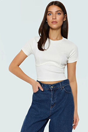 Örme Crop Bluz Bisiklet Yaka Fitted Kalıp Pamuklu Yazlık Kemersiz Uzun Ömürlü