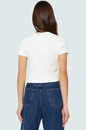 Örme Crop Bluz Bisiklet Yaka Fitted Kalıp Pamuklu Yazlık Kemersiz Uzun Ömürlü