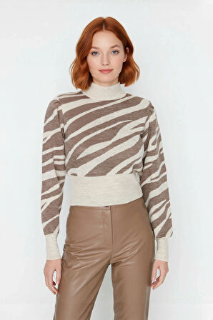 Kadın Basic Regular Kalıp Zebra Desenli Dik Yaka Crop Triko Kazak Günlük Giyimde İddialı Kaliteli