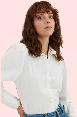 Kadın Pamuk Gömlek; Balon Kol Gömlek Yaka Düz Desen İş ve Günlük Yaz Aylarının Vazgeçilmezi