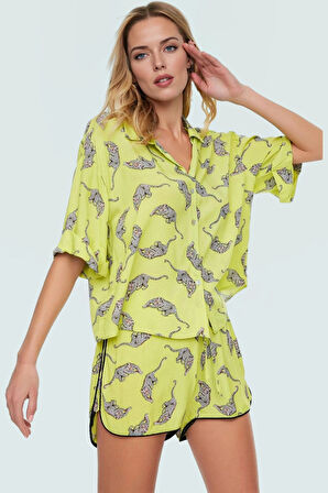 Yazlık Plaj Takımı Animal Desenli Kısa Kollu Gömlek Şort Viskoz Dokuma Kumaş Rahat Ve Şık