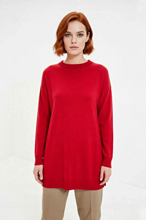 Kadın Relaxed Kalıp Bisiklet Yaka Triko Tunik Düşük Kol Düz Desenli Akrilik Materyal Yırtmaç Detaylı