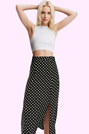 Kadın Yazlık Midi Etek Puantiyeli Yüksek Bel A line Viskoz Kumaş Shally Dokuma Günlük Kullanım