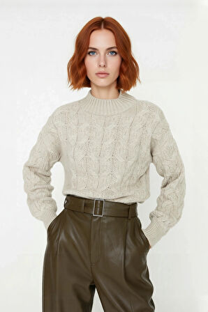 Kadın Basic Oversize Saç Örgü Dik Yaka Crop Triko Kazak Soğuk Havalar İçin Modern Stil Kaliteli