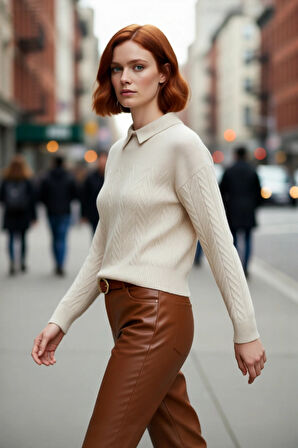 Kadın Basic Siluet Regular Boy Akrilik Saç Örgü Desenli Polo Yaka Uzun Düşük Kol Triko Kazak