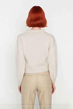 Kadın Basic Siluet Regular Boy Akrilik Saç Örgü Desenli Polo Yaka Uzun Düşük Kol Triko Kazak