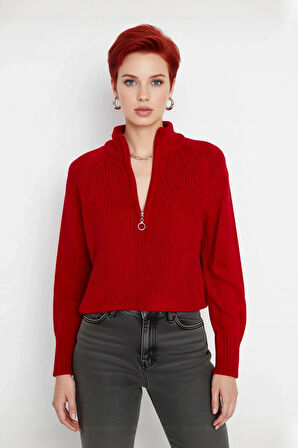 Kadın Selanik Dokuma Regular Kalıp Crop Dik Yaka Fermuarlı Uzun Kollu Triko Kazak Günlük Şıklık