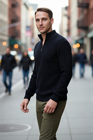 Erkek Basic Regular Fit Fermuarlı Dik Yaka Selanik Örgü Triko Kazak Günlük Stilinize Modern Dokunuş.