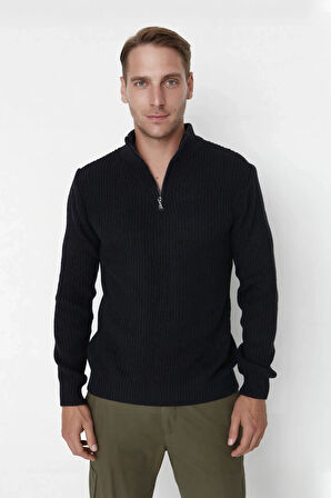 Erkek Basic Regular Fit Fermuarlı Dik Yaka Selanik Örgü Triko Kazak Günlük Stilinize Modern Dokunuş.