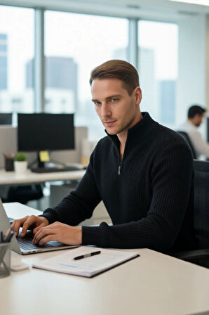 Erkek Basic Regular Fit Fermuarlı Dik Yaka Selanik Örgü Triko Kazak Günlük Stilinize Modern Dokunuş.