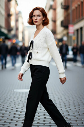 Kadın Kışlık Triko Kazak Regular Kalıp V Yaka Saç Örgü Düşük Kol Crop Fiyonk Detaylı Tasarım