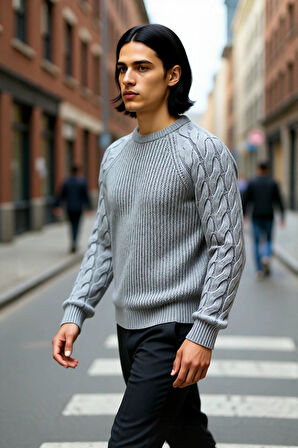 Unisex Basic Regular Kalıp Bisiklet Yaka Saç Örgü Desenli Kalın Triko Kazak Kışlık Şıklık Kaliteli