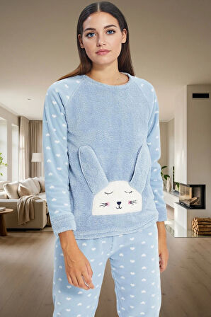 Yumuşak Polar Kumaşlı 3lü Pijama Takımı Kalpli Desenli Kışlık Set Trend Tasarım