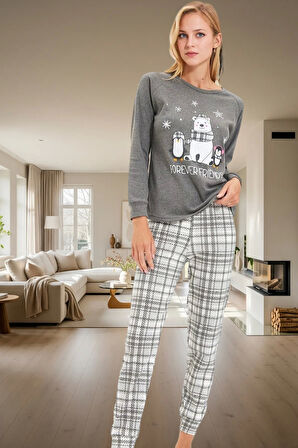 Ayıcıklı Penguen Baskılı Ekose Pijama Takımı; Kışlık Yumoş Örme Rahat Kalıp Mükemmel Uyum