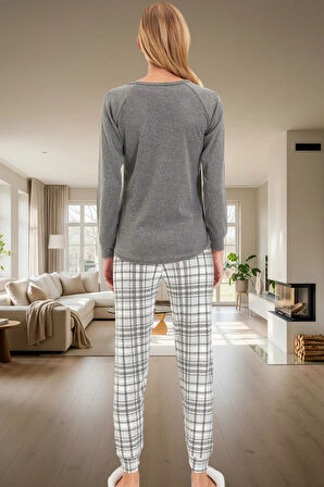 Ayıcıklı Penguen Baskılı Ekose Pijama Takımı; Kışlık Yumoş Örme Rahat Kalıp Mükemmel Uyum