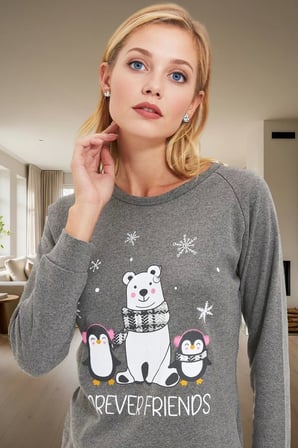Ayıcıklı Penguen Baskılı Ekose Pijama Takımı; Kışlık Yumoş Örme Rahat Kalıp Mükemmel Uyum