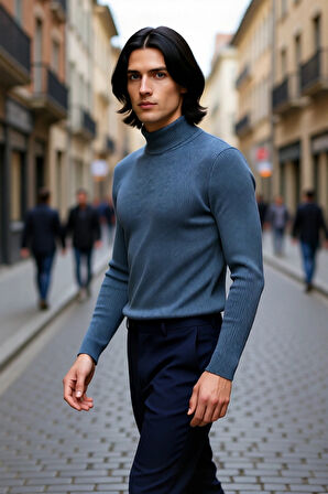 Erkek Fitted Balıkçı Yaka Fitilli Pamuklu Kışlık Kazak Soğuk Havalarda Tarz Sahibi Görünüm Sağlar