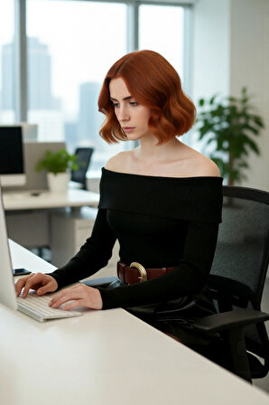 Kadınlara Özel Basic Siluet Fitted Triko Kazak Crop Boy Carmen Yaka Şık Seçim Kaliteli