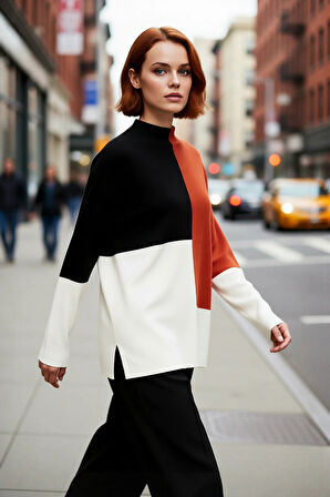 Kadın Casual Ortamlar İçin Dik Yaka Renk Bloklu Standart Kol Triko Kazak Kış Şıklığı Kaliteli