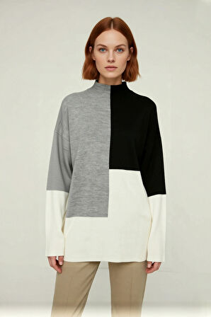 Kadın Casual Ortamlar İçin Dik Yaka Renk Bloklu Standart Kol Triko Kazak Kış Şıklığı Kaliteli