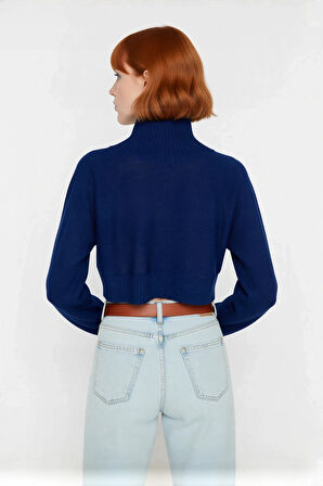 Kadın Ekru Oversize Süper Crop Dik Yaka Triko Kazak Düşük Kol Kışlık Güncel Moda Trendi Kaliteli